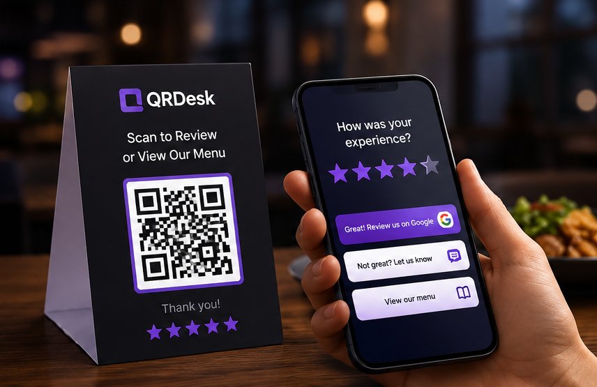 QRDesk table stand next to a phone showing Google review, private feedback and digital menu options